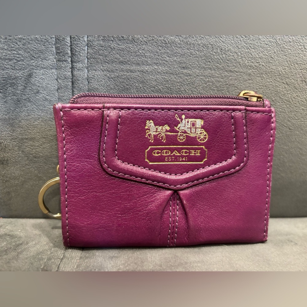 COACH Plum Purple Leather Mini Skinny Id Coin Purse Wallet Keychain Keyring